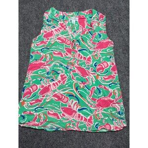 Kiwi Fresh Womans Blouse Top Green Multicolor Small S Lobster Crab Sleeveless